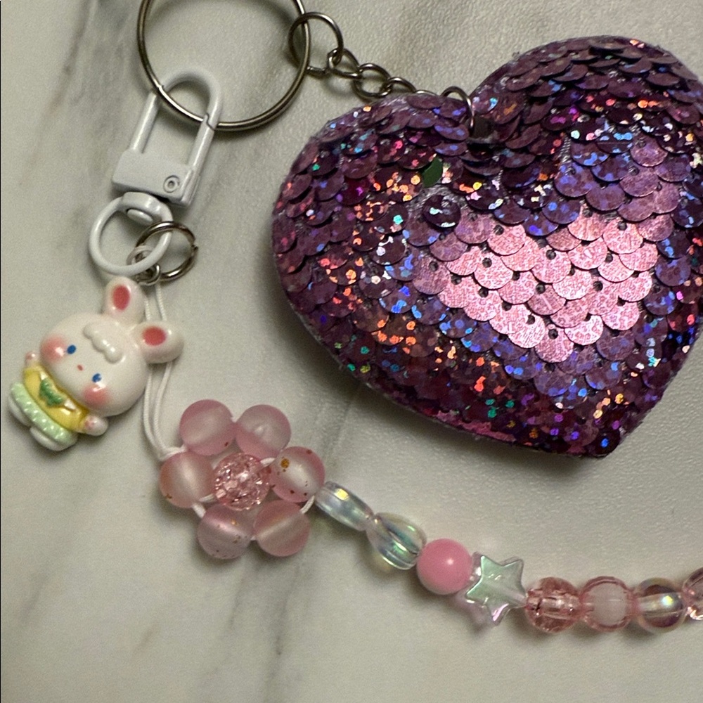 Handmade Pink and Purple Sequin Heart Keychain with bunny charm